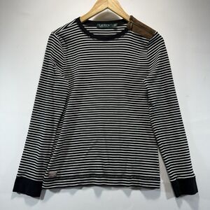 Lauren Ralph Lauren Womens Shirt White Black Striped Elbow Patch Zip Shoulder L
